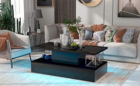 ON-TREND Coffee Table Cocktail Table Modern Industrial Design with LED lighting, 16 colors with a remote control (Black)