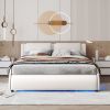 Queen Size Upholstered Faux Leather Platform Bed with LED Light Bed Frame with Slatted